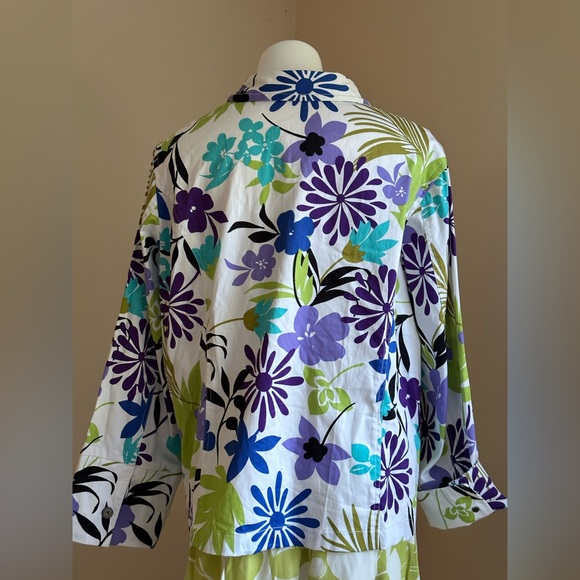 SUSAN GRAVER White W Purple Green Blues Floral Print Metal Buttons Jacket SZ 3X - Picture 7 of 13